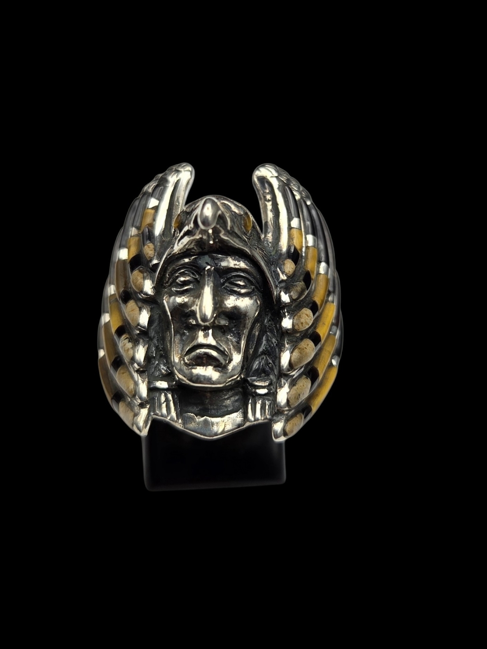 Sterling Silver Native Headdress Ring -  Tiger's Eye Jasper Onyx 10